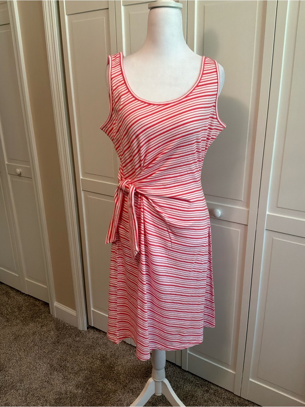 Talbots Coral & White Striped Tie-Waist Midi Dress